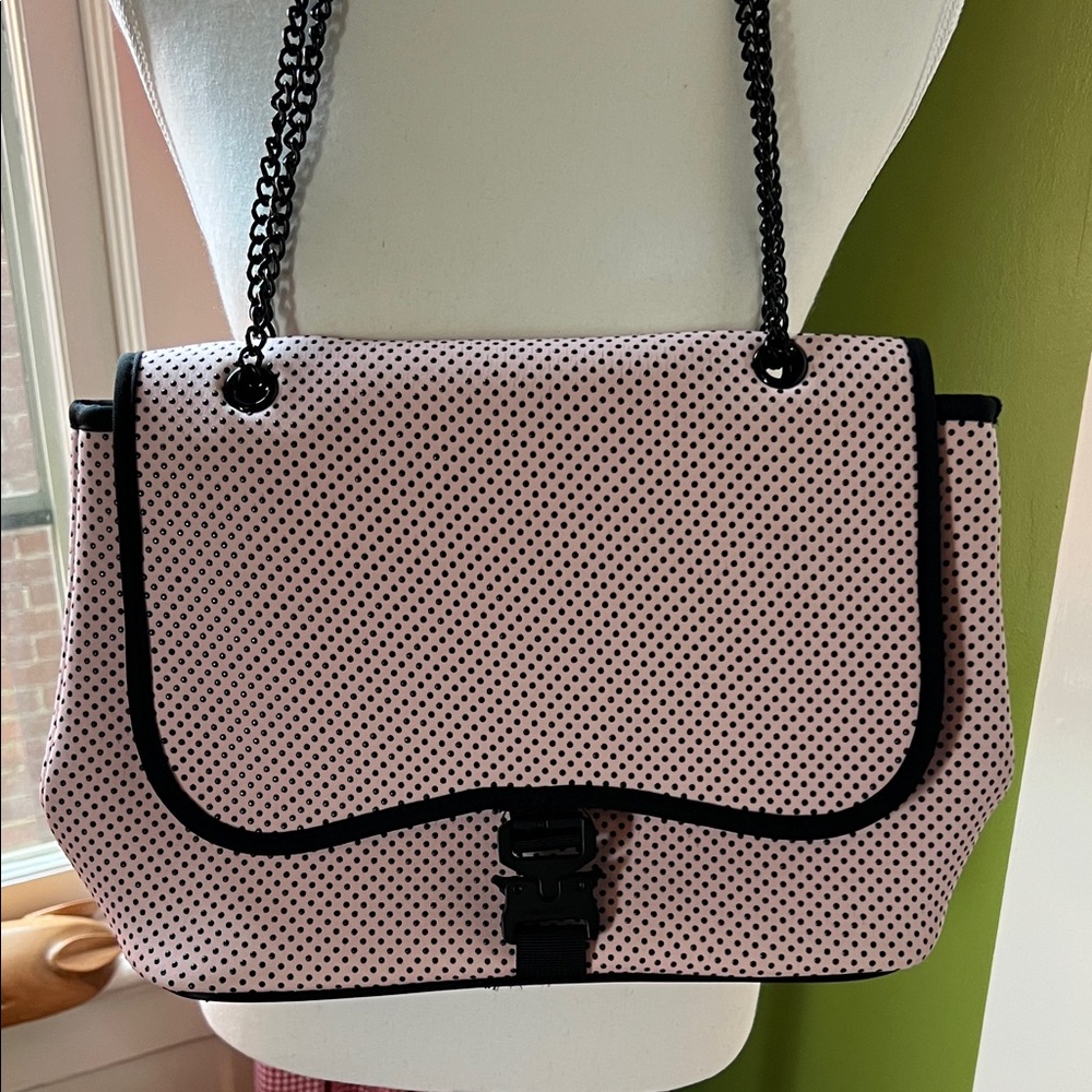 Pink and Black Polka Dot Scuba Purse with Black Chain Strap